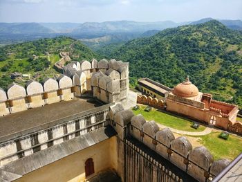 High angle view of temple against building