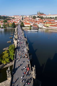 Aerial view of people walking on bridge over river against city