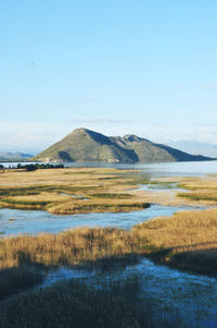 Scenic view of lake and mountains against sky