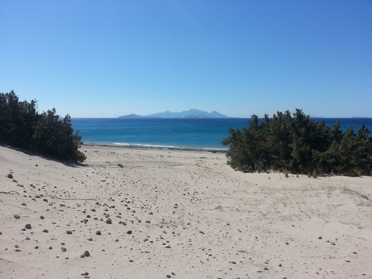 beach, sand, nature, tranquil scene, clear sky, sea, tranquility, scenics, beauty in nature, day, outdoors, no people, tree, water, mountain, sky