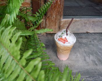 High angle view of iced coffee in disposable cup on floor