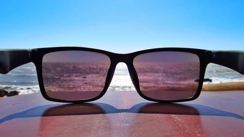 Close-up of sunglasses against clear sky