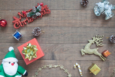 High angle view of christmas decorations on table