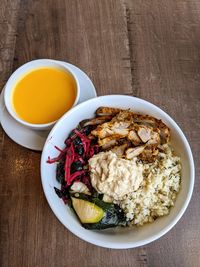 High angle view of breakfast served on table