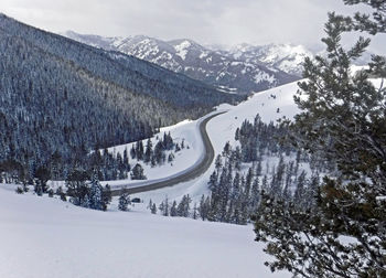 Scenic view of snow covered mountains against sky