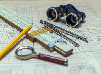 High angle view of tools on table