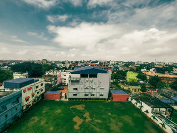 High angle view of townscape against sky