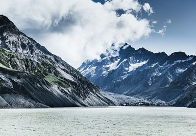 Scenic view of snowcapped mountains against sky during winter