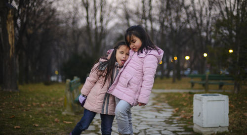 Sisters in park at dusk