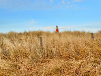 Lighthouse on grassy field against sky