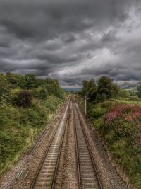 Railroad tracks against storm clouds