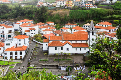 High angle view of buildings in village