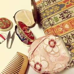 High angle view of personal accessories on table