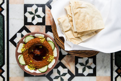 High angle view of breakfast served on table