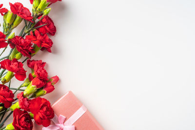 High angle view of red flower bouquet against white background