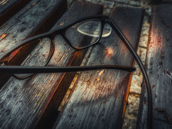 High angle view of rusty metal on table