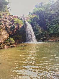 Scenic view of waterfall in forest against sky