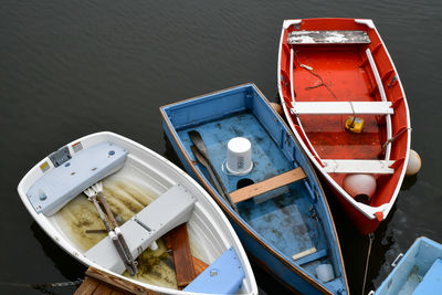 High angle view of boats moored at beach