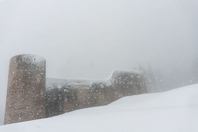 Snow covered buildings against sky