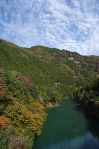 Scenic view of lake by mountain against sky