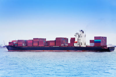 View of ship in sea against clear sky