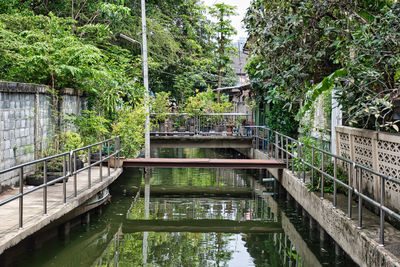 Footbridge over lake amidst trees