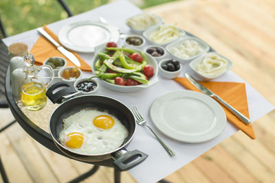 High angle view of breakfast on table