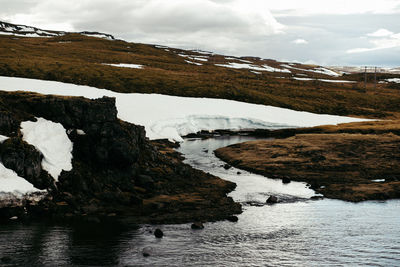 Scenic view of river against cloudy sky