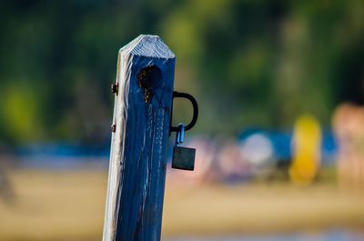 Close-up of padlock hanging on metal pole
