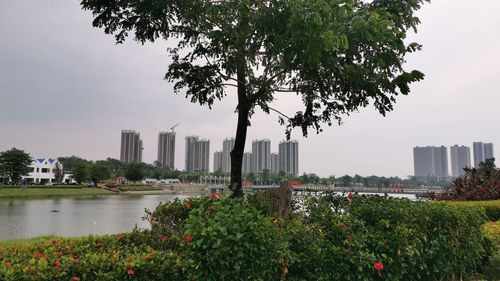 Scenic view of city by buildings against sky