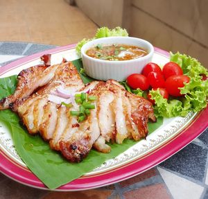 Close-up of food in plate on table