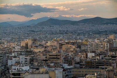 High angle view of townscape against sky during sunset