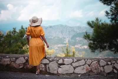 Rear view of woman standing against mountain