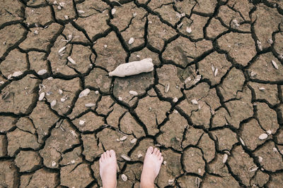 Low section of man standing on barren land