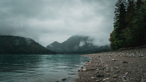 Scenic view of lake and mountains against sky