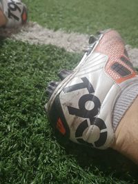 High angle view of soccer ball on field