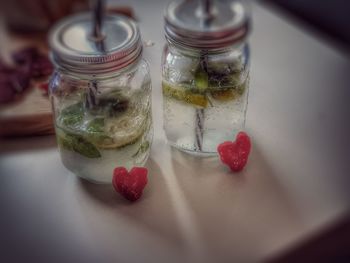 High angle view of drink in glass jar on table