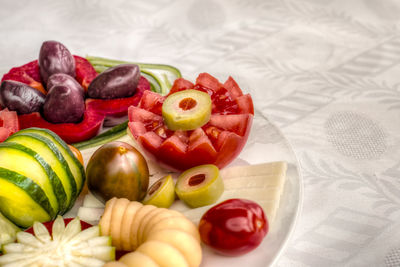 High angle view of fruits and vegetables on table