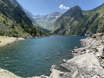 Scenic view of lake by mountains against sky