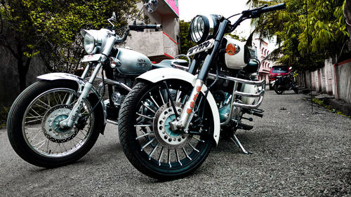 Bicycles parked on street in city