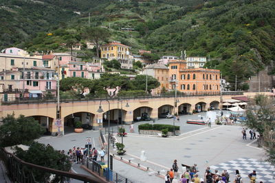 High angle view of buildings in town