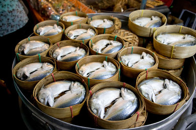 High angle view of fish for sale in market