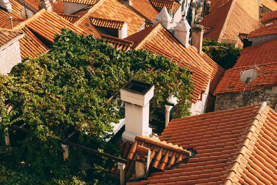 High angle view of residential buildings in town