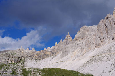 Low angle view of rocky mountains against sky