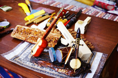 High angle view of various food on table