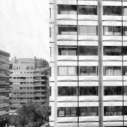 Reflection of building on glass window