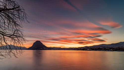 Scenic view of lake against sky during sunset