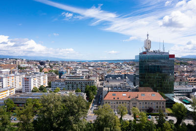 High angle view of buildings in city