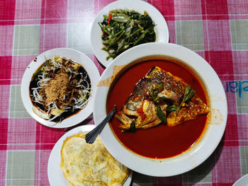 Directly above shot of meal served on table