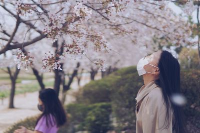 Rear view of woman with pink cherry blossoms in park